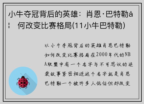 小牛夺冠背后的英雄：肖恩·巴特勒如何改变比赛格局(11小牛巴特勒)