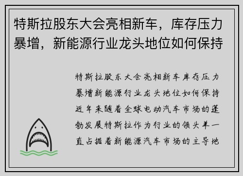 特斯拉股东大会亮相新车，库存压力暴增，新能源行业龙头地位如何保持？