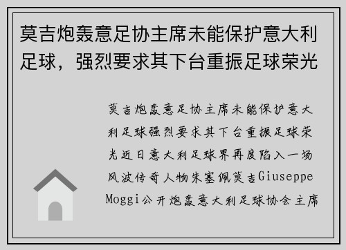 莫吉炮轰意足协主席未能保护意大利足球，强烈要求其下台重振足球荣光