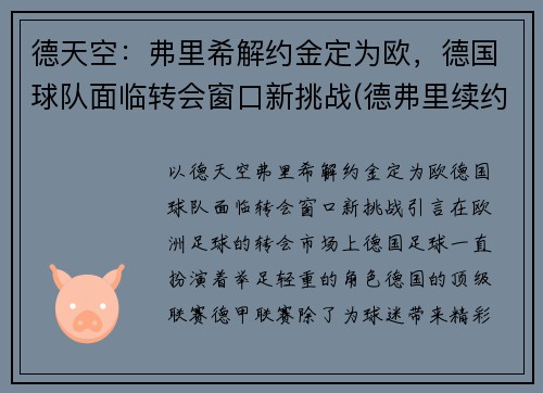 德天空：弗里希解约金定为欧，德国球队面临转会窗口新挑战(德弗里续约)