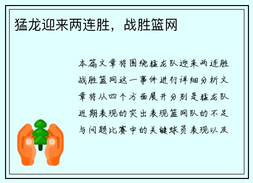 猛龙迎来两连胜，战胜篮网