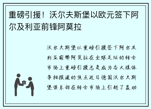 重磅引援！沃尔夫斯堡以欧元签下阿尔及利亚前锋阿莫拉