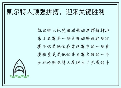 凯尔特人顽强拼搏，迎来关键胜利