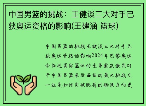 中国男篮的挑战：王健谈三大对手已获奥运资格的影响(王建涵 篮球)