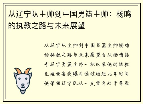 从辽宁队主帅到中国男篮主帅：杨鸣的执教之路与未来展望